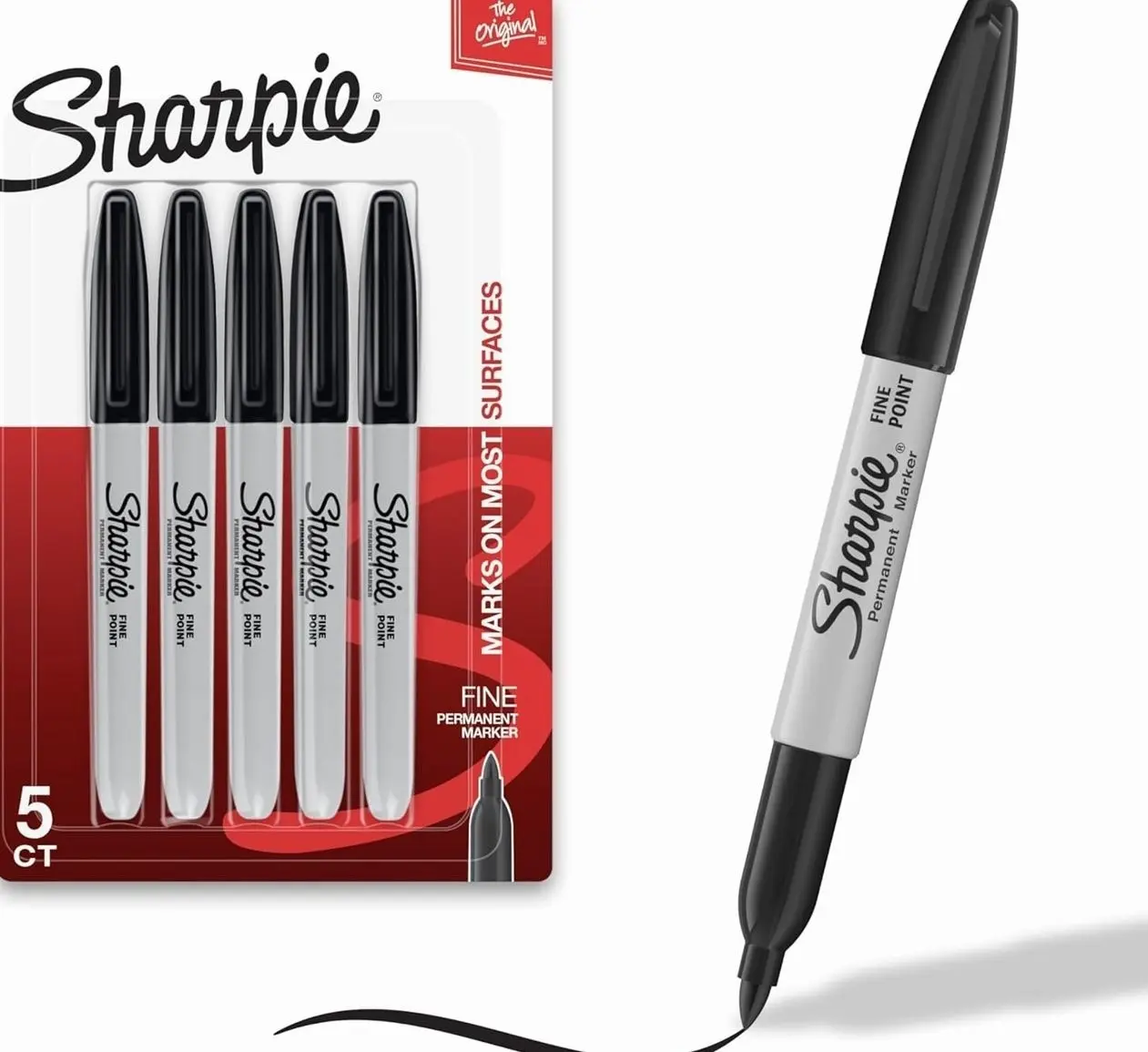 Sharpie Permanent Markers, Fine Tip, Black, 5 Count - Quick Drying, Fade Resistant