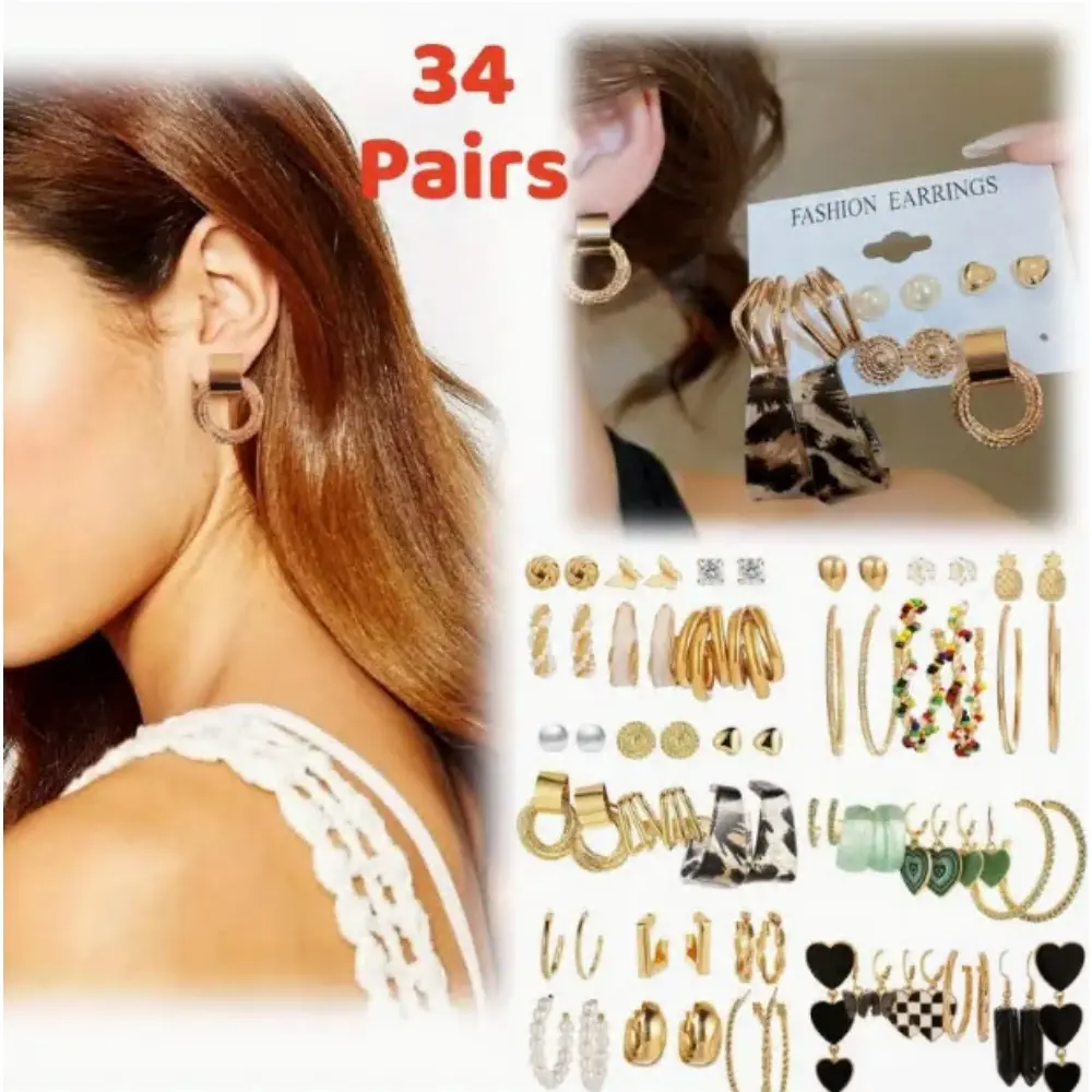 34 Pairs Elegant Minimalist Earrings Set, Fashion Drop Dangle Earring Packs Black Hearts Earrings for Daily and Party Wear, Fashion Jewelry Gift, Birthday Gifts, Christmas Gifts, Halloween Decorations, Earrings for Women Hypoallergenic Non Tarnish Summerv
