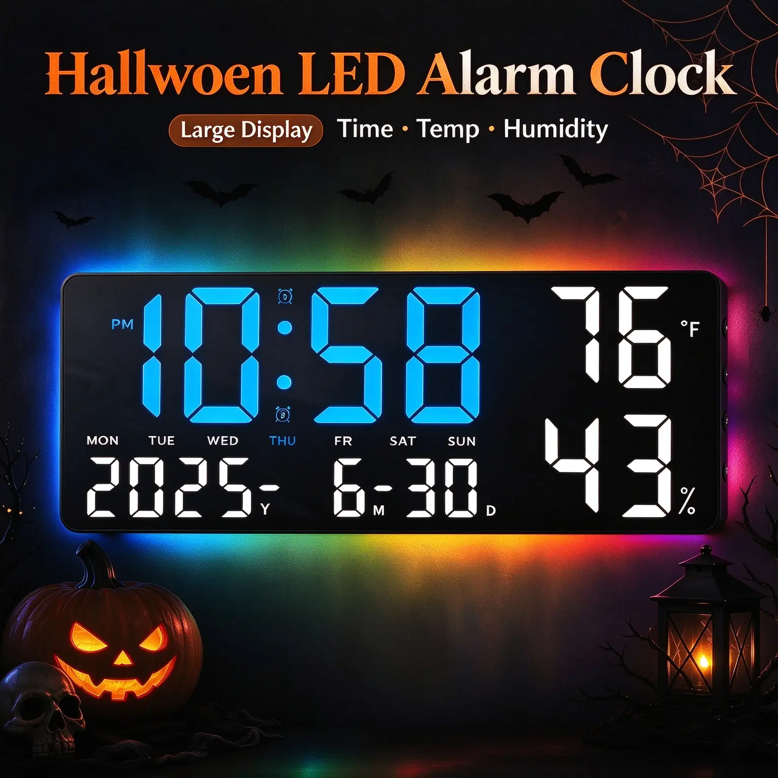 Halloween  LED   Clock,  Screen Wall & Desk Clock for Bedroom Living Room Office, Dual , Temperature Humidity Date Display, 10.6 Inch USB Powered Electronic Clock countdown timer alarm light set large digital wall clock scene mode auto dst