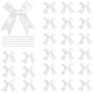 50 Pcs Twist Tie Bows Satin Ribbon Bow 3.3 Inch Gift Wrap Bow Craft Bows for Gift Wrapping, Party Decorations Gifts Bag DIY Treat Bags White