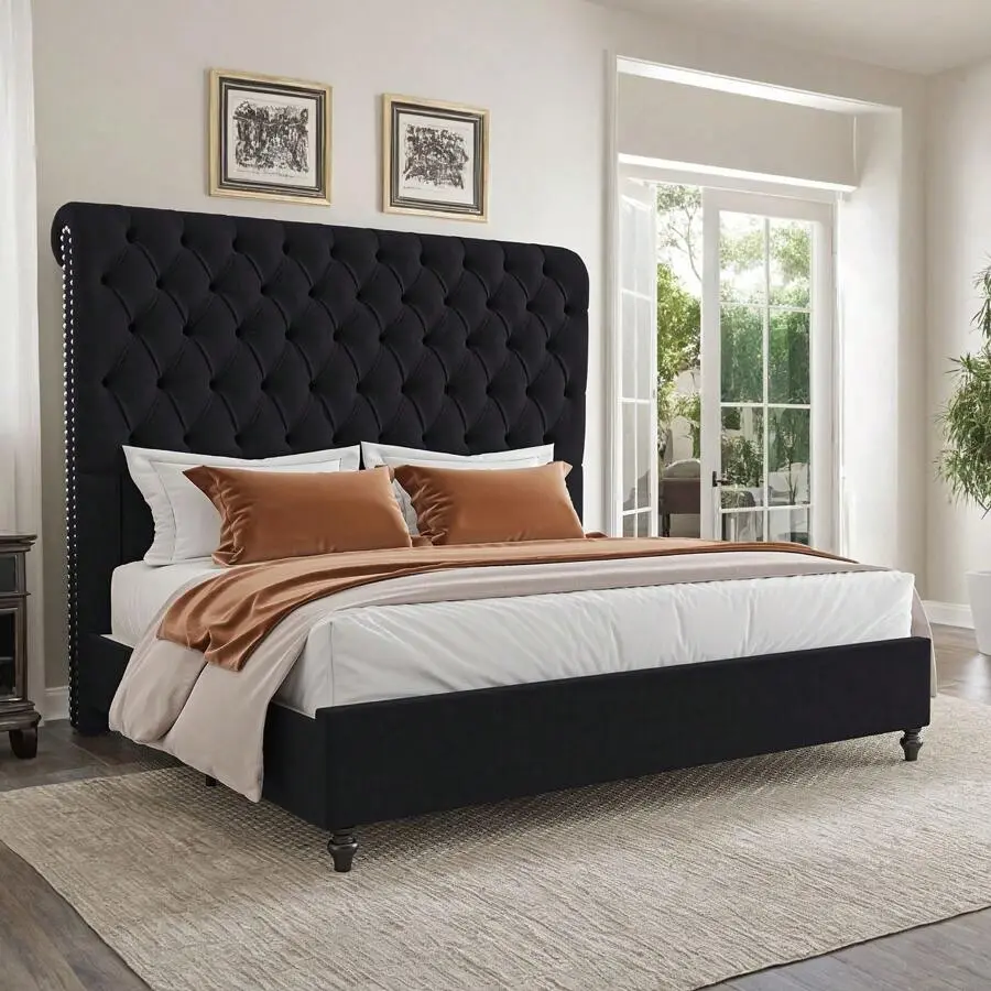 Velvet Upholstered Sleigh Platform Bed Frame, 60" Tall Headboard, No Box Spring Required, Bedroom Indoor Furniture