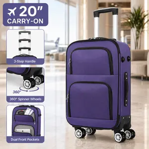 20-Inch Carry On Luggage, Softside Expandable Lightweight Upright Suitcase with 360° Spinner Wheels, 3-Step Handle, and Dual Front Pockets, Purple
