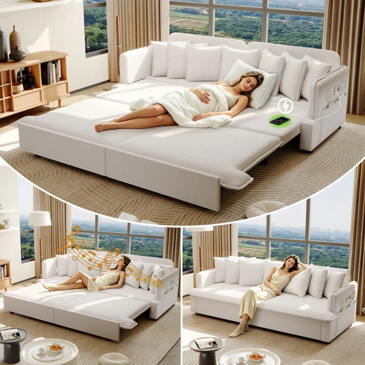 Aobtkel Sturdy 81.8in 3-in-1 Corduroy Cotton Comfy Couch Pull Out Sofa Bed, Contemporary Smart Metal Furniture with Bluetooth Speakers, USB Ports, Multiple Pillows, Side Pockets, for Apartment, Living Room, Beige&White, All In One Sofas & Couches