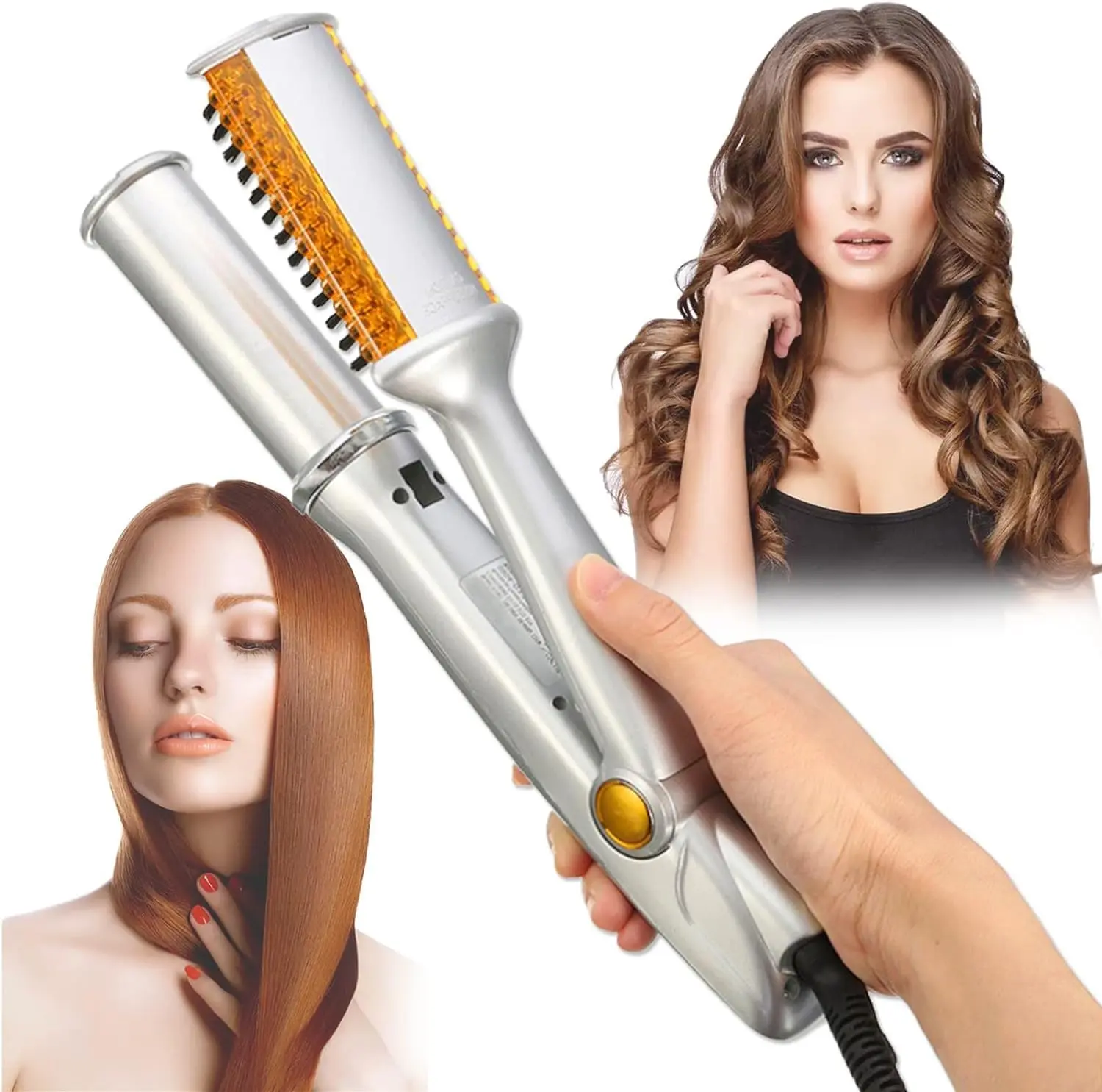 CESTVEEL Multifunction Curlers & Straighteners - 2-in-1 Hair Curling Iron & Heated Curler with 2-row Comb Teeth, Wet-Dry Portable Universal Voltage Travel Styling Tool for All Hair Types (Gold)