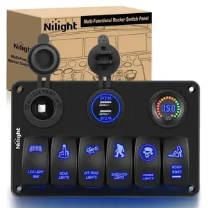 Nilight 6-Gang Aluminum Laser LED Illuminated ON/OFF Blue Rocker Switch Panel, USB Charging Station with Dual USB Charger, Voltage Monitor, Includes Screws Lighting