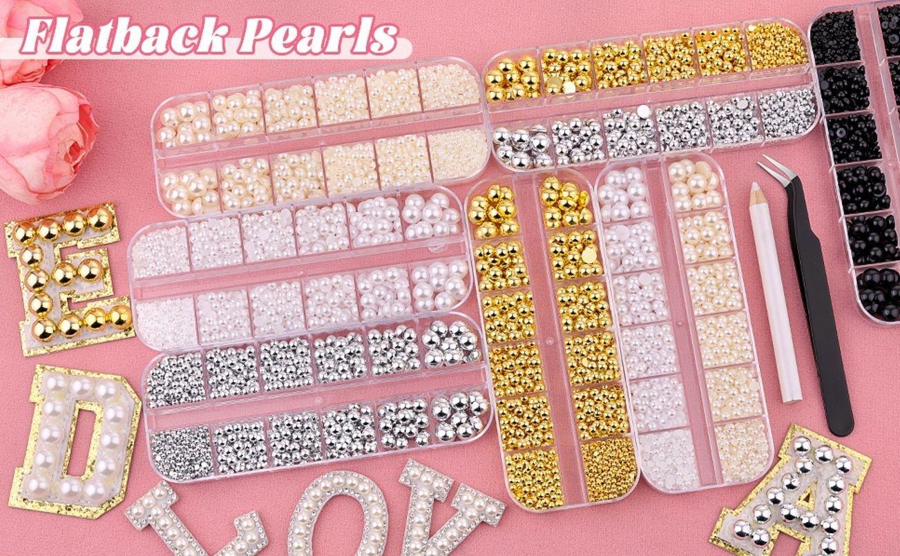 Silver Nail Charms and Gems, Half Round Flatback Pearl Nail Charms, Nail Pearls Rhinestones Kit Silver Beads for Nails with Pencil and Tweezer for DIY Nail Art, Face Makeup and Crafting