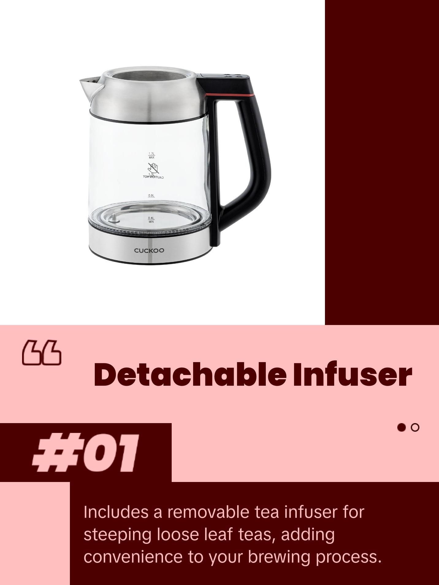 CUCKOO Electric Glass Kettle | Boil Water Fast, Stylish, Heat-Resistant Glass, Steel, with Tea Infuser Included (CK-G170BS)