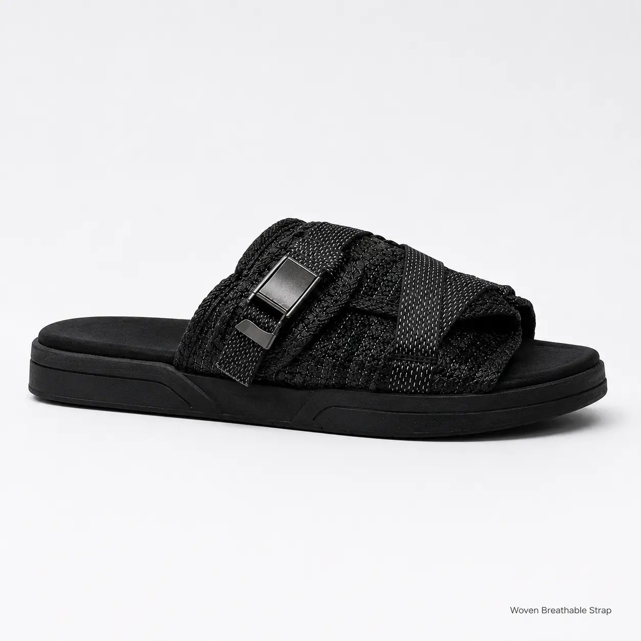 Unisex Woven Textile Strap Slide Sandals - Soft Foam Padded Sole Open-Toe Footwear for Casual Walks, Indoor-Outdoor Use