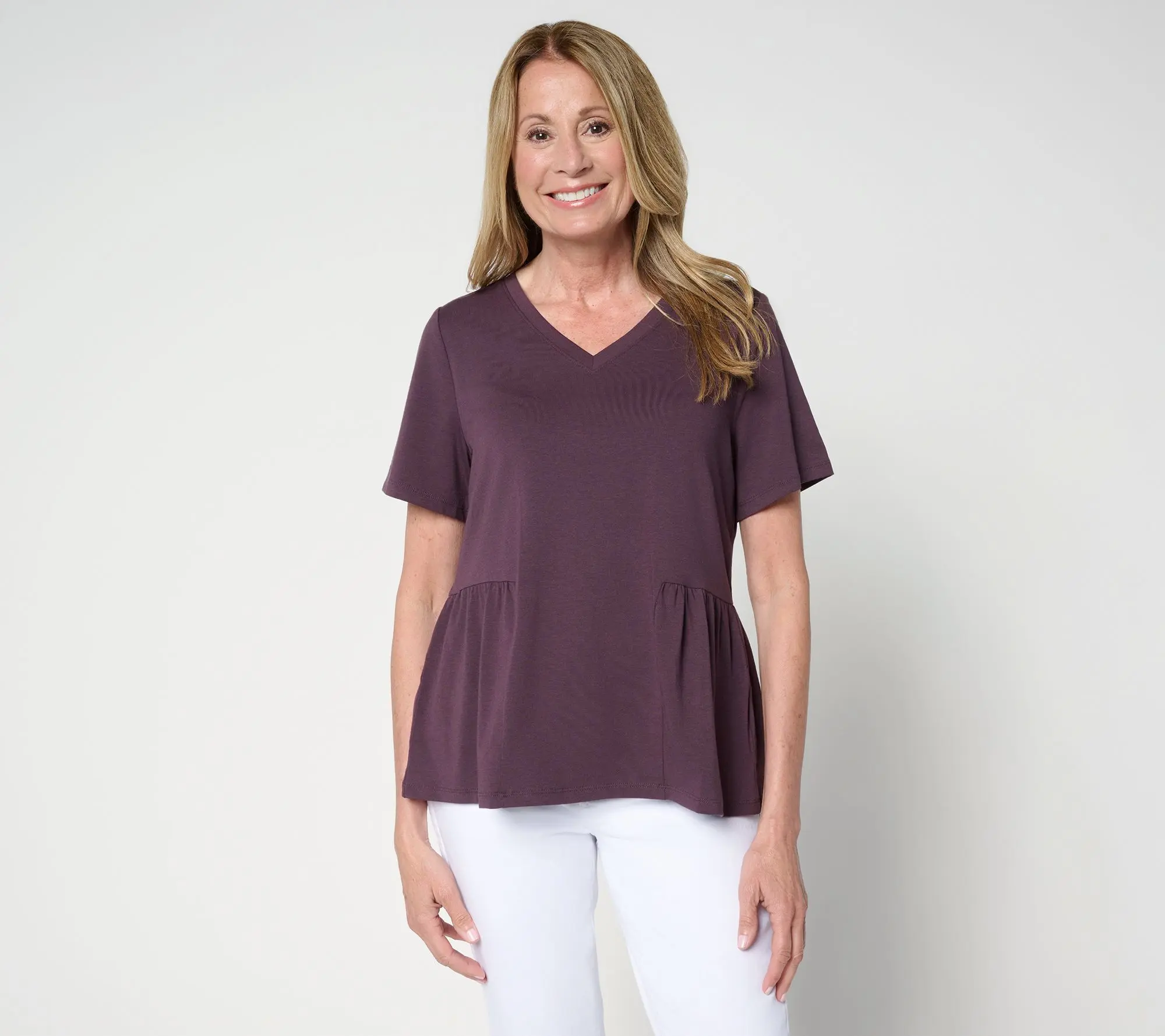 QVC Women's Cozy Knit Jersey Short-Sleeve Peplum Top