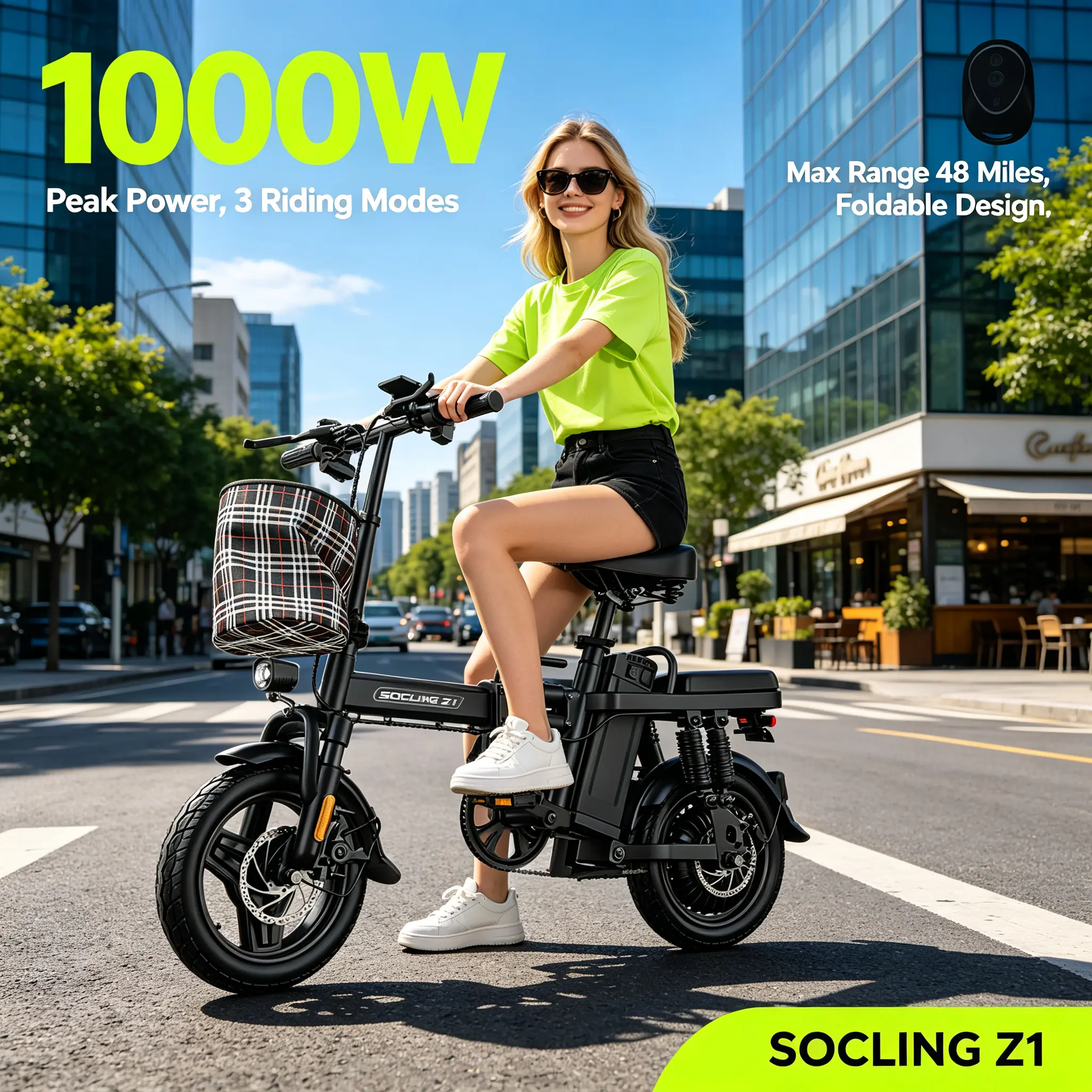 SOCLING Z1 Foldable Electric Bike - 1000W Peak Motor, Lightweight Adult Commuter E-Bike with Plaid Basket & Anti-Theft Remote Key