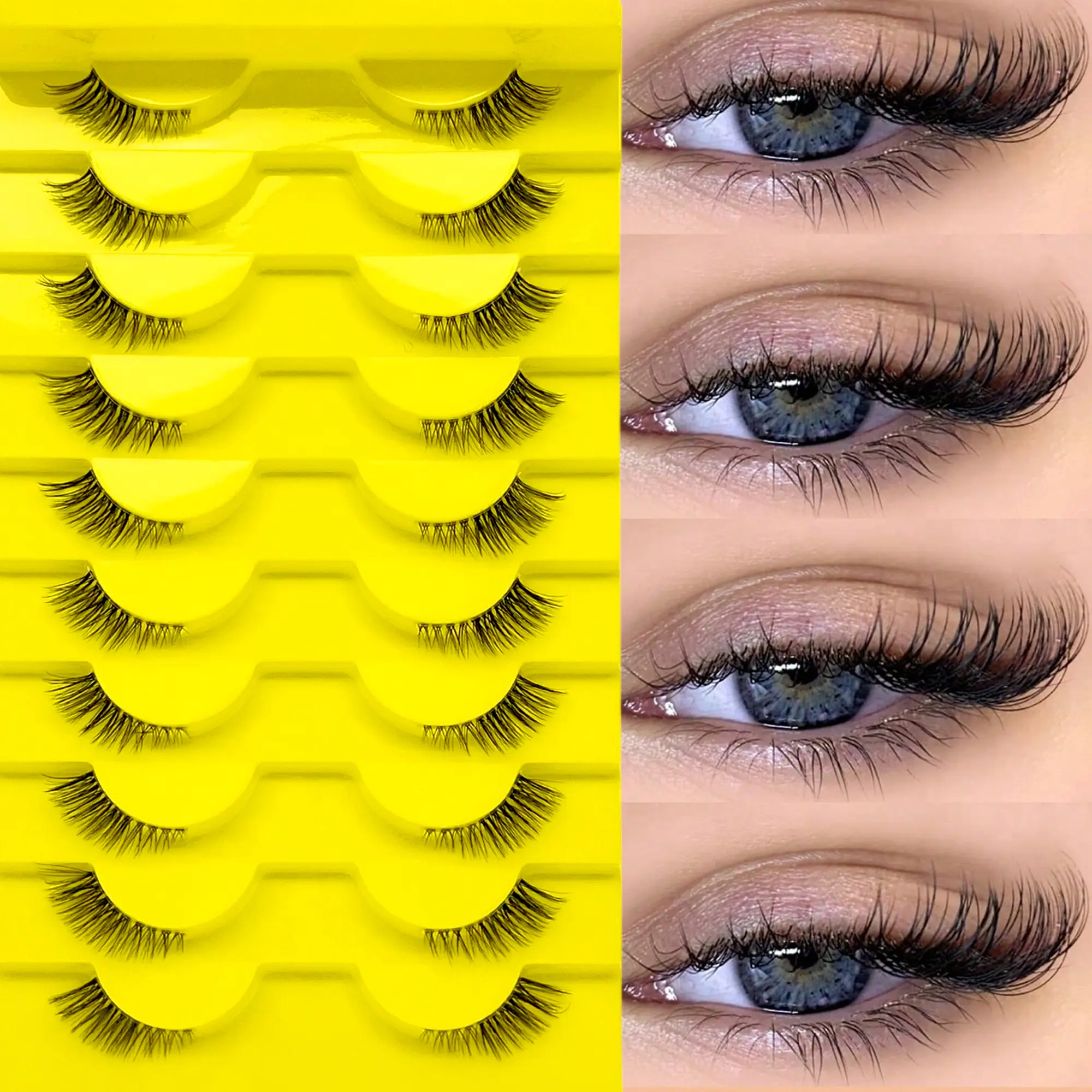 10 Pairs Natural Realistic Fluffy Half-Curl Cat-Eye False Eyelashes, Cosmetic Makeup Volumized False Eyelashes, Soft Reusable Waterproof Strip Lashes for Daily Wear & Parties, Fluffy Volume Eyelashes