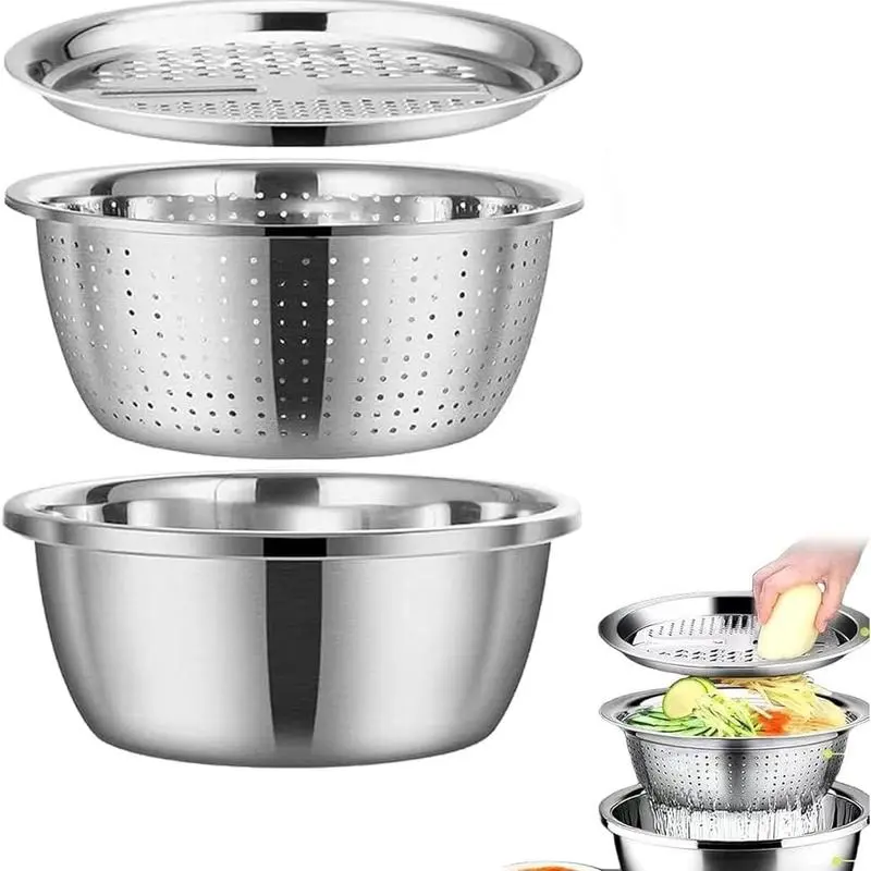 Sturdy 3-In-1 Stainless Steel Multi-Functional Strainer Set - Includes Basin, Sieve, Cutter - Kitchen Sink Strainer for Washing Rice, Fruits, Vegetables, Essential Kitchen Supply