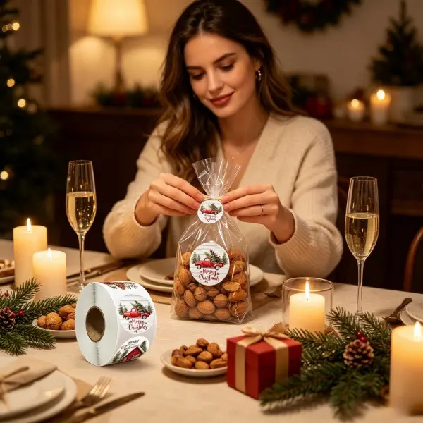 Christmas Stickers 1 Roll, 2.5cm Round Merry Christmas Label Stickers, Vintage Red Truck Xmas Decorative Sealing Stickers for Gift Bags, Envelopes, Cookie Bags, Holiday Party Supplies