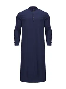 Muslim Men's Long Robe with Button Front, Stand Collar, Arabic Style with Pockets, Trendy Male Loungewear, Comfortable Daily Wear, Modesty Thobe