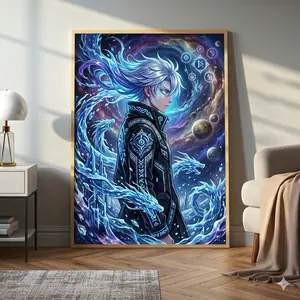 [SALE UP TO 40%] Silver Hair Sorcerer Galaxy Poster, Void Magic Warrior Wall Art, Blue Energy Anime Aesthetic Print, Minimalist Japanese Comic Decor