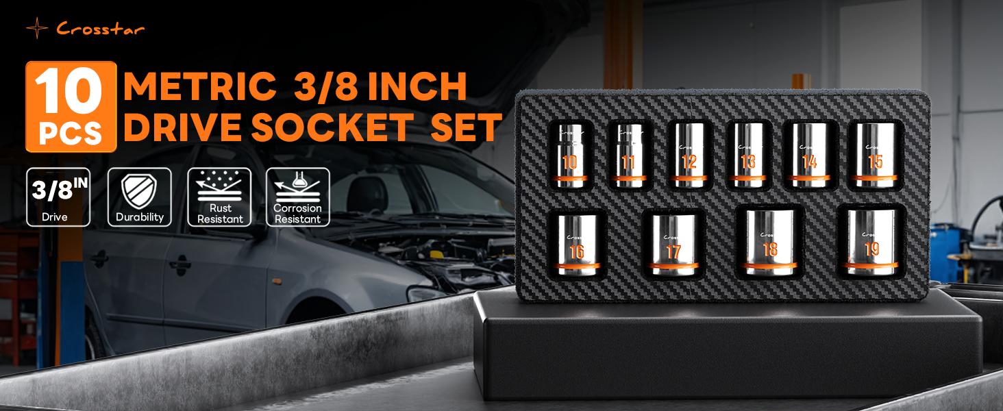 Crosstar 10pcs 3/8" Drive thin wall Shallow Socket Set, Low Profile Stubby Socket Set with EVA foam, 6-Point Mechanic Metric Socket Sets in 10mm-19mm for tight space,use with ratchet wrenches Crosstar 10pcs 3/8" Drive thin wall Shallow Socket Set, Low Profile Stubby Socket Set with EVA foam, 6-Point Mechanic Metric Socket Sets in 10mm-19mm for tight space,use with ratchet wrenches