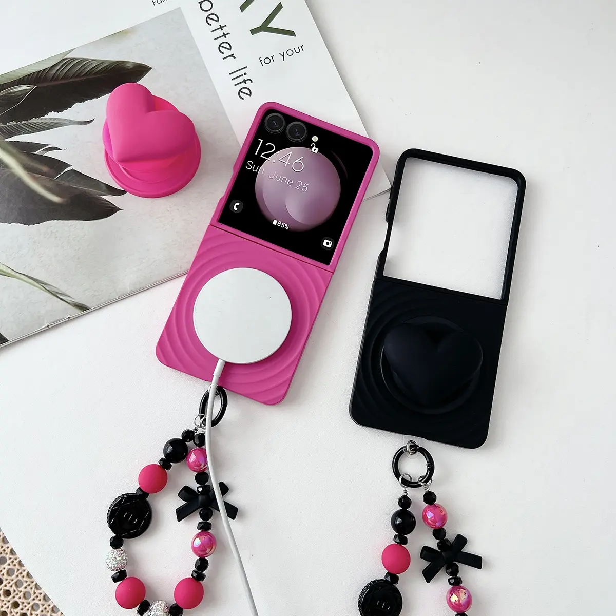 Wave-patterned jelly-colored magnetic phone case with a magnetic heart stand and a wristband, featuring a hard PC back panel for protection. Compatible For Samsung Galaxy Z Flip8, Z Flip7, Z Flip7FE, Z Flip6, Z Flip5
