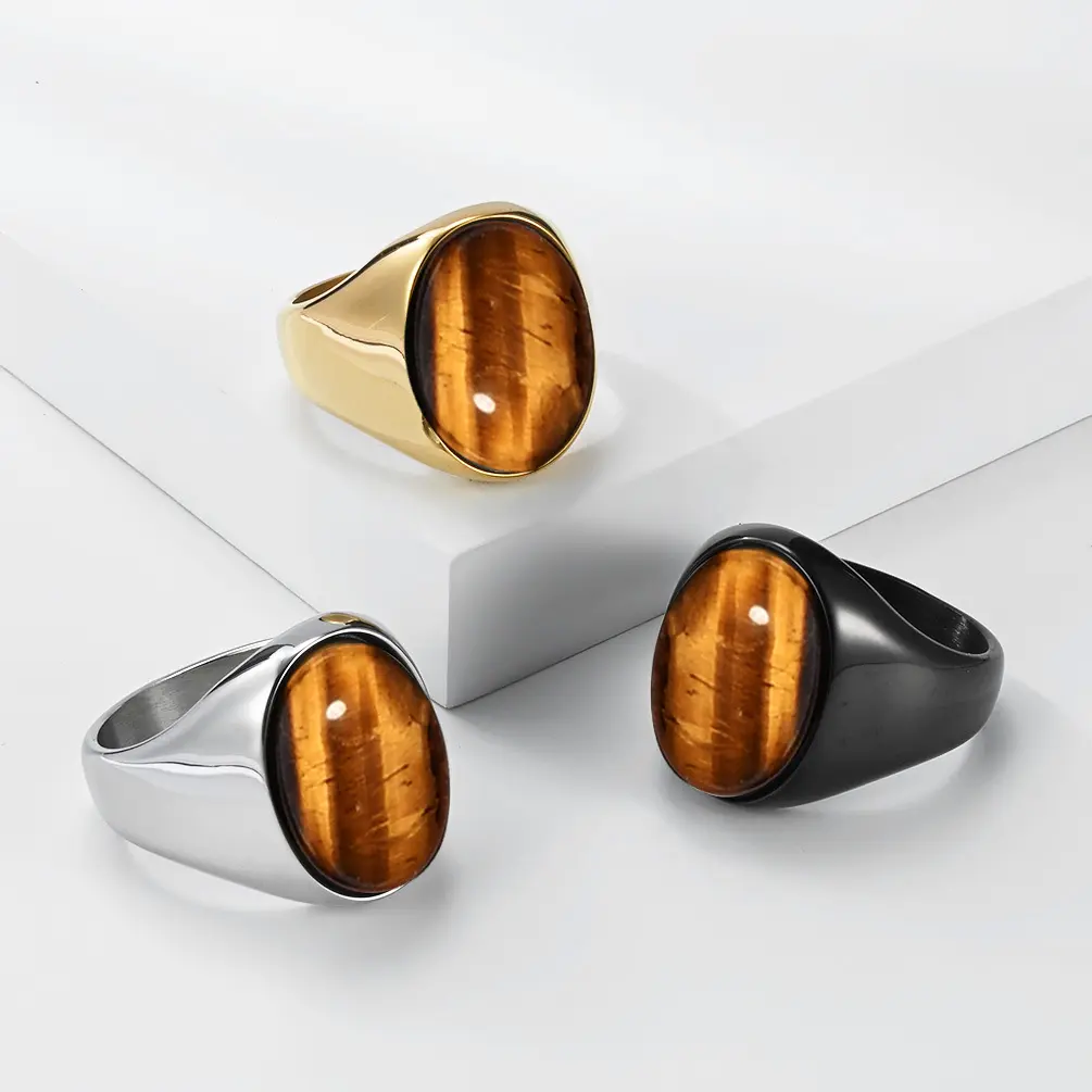 Unisex Oval Tiger Eye Stone Gold Jewelry Ring - Durable Steel Band, Modern Simple Style Daily Fashion Costume Accessory