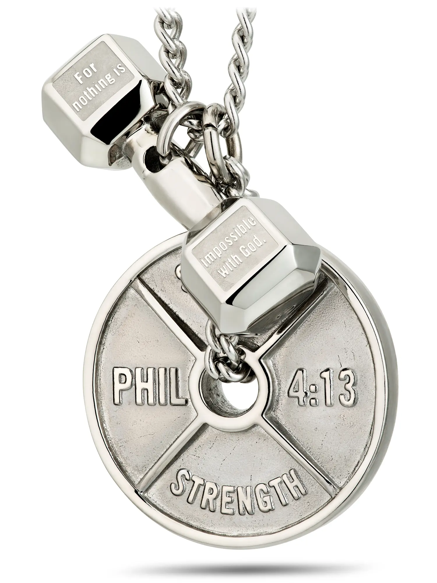 Shields of Strength Men's Stainless Steel Weight Plate and Dumbbell Combo Pendant Necklace Inscribed with Bible Verse for Weightlifters