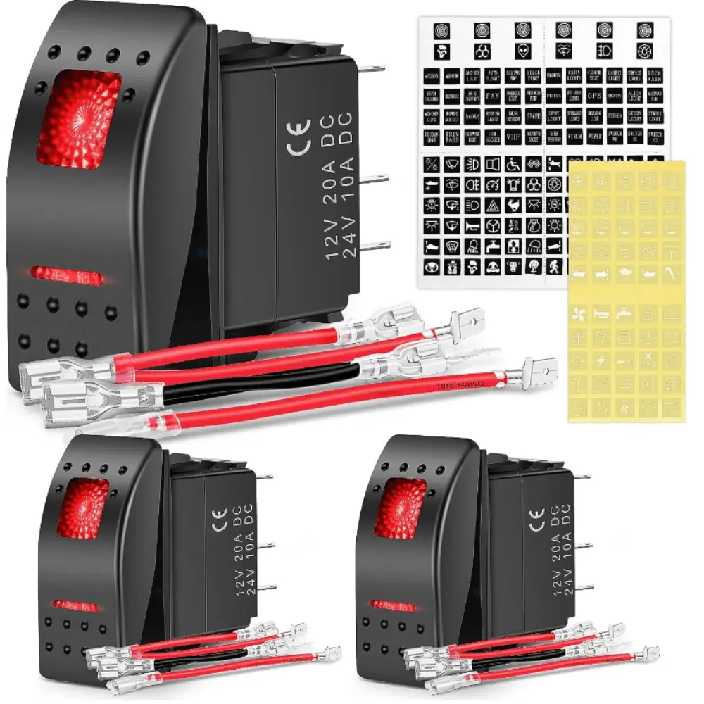 Nilight 3Pcs 5-Pin SPST Waterproof LED Backlit On/Off Rocker Switches - Red, for Home Improvement, Outdoor Electrical Use, Compatible with LED Lights