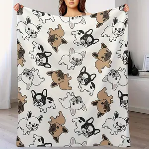 1 Cute French Bulldog Flannel Blanket, All-Season Comfort With Cute Cartoon French Bulldog Print, Machine Washable, Cozy Home Decor | Cartoon Dog Design, Birthday Gift Christmas Halloween Thanksgiving Gift