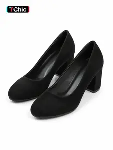 Office Siren Black Suede Pumps Classic Round Toe Block Heel High Heels Work Shoes