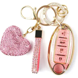 New Upgrade Key Fob Cover with Diamond Keychain, Car Key Holder Compatible with Nissan Altima Rogue Sentra Pathfinder Frontier Maxima Titan Murano Kicks Juke Versa Armada GTR 4 Buttons, (Pink-Heart)