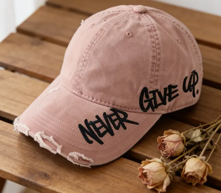 Black Washed Baseball Cap for Women, Lightweight Vintage-Style Polyester with "Never Give Up" Side Embroidery, Adjustable Buckle Closure, Hand Wash Only, Female, Black With White Embroidery, Daily, Everyday