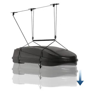 Heavy Duty Ceiling Storage Hoist for Rooftop Cargo Boxes – 150 lb Capacity Garage Pulley Rack – Fits 8–10 ft Ceilings – Space-Saving Overhead Organizer with Adjustable Straps & 20m Ropes – Dual Pulley Design