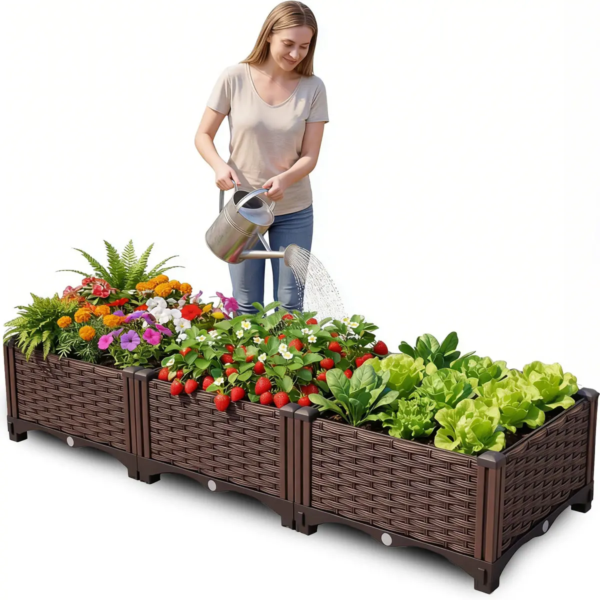 Elevated Planting Boxes Raised Planter Bed Boxes - Outdoor Raised Garden Bed Planters, Strengthened PP Material, Tool-Free Assembly, Heat & Frost Resistant, With Water Storage & Drainage Chassis