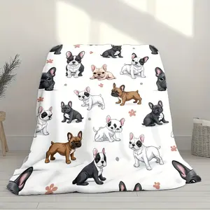 Cozy French Bulldog Print Plush Throw Blanket - Lightweight, Soft Polyester Flannel with Cartoon Dog Design for Sofa, Couch, Bed, Office, and Camping - Ideal Gift for Pet Lovers
