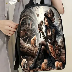 17-inch Steampunk Cat Pattern Laptop Backpack with Adjustable Shoulder Straps, Vibrant Cartoon Design, Durable and Casual Style, Suitable for School, Work, Travel, Picnics, and Vacations - A unique gift for teenagers, adults, family, and friends. Cute bac