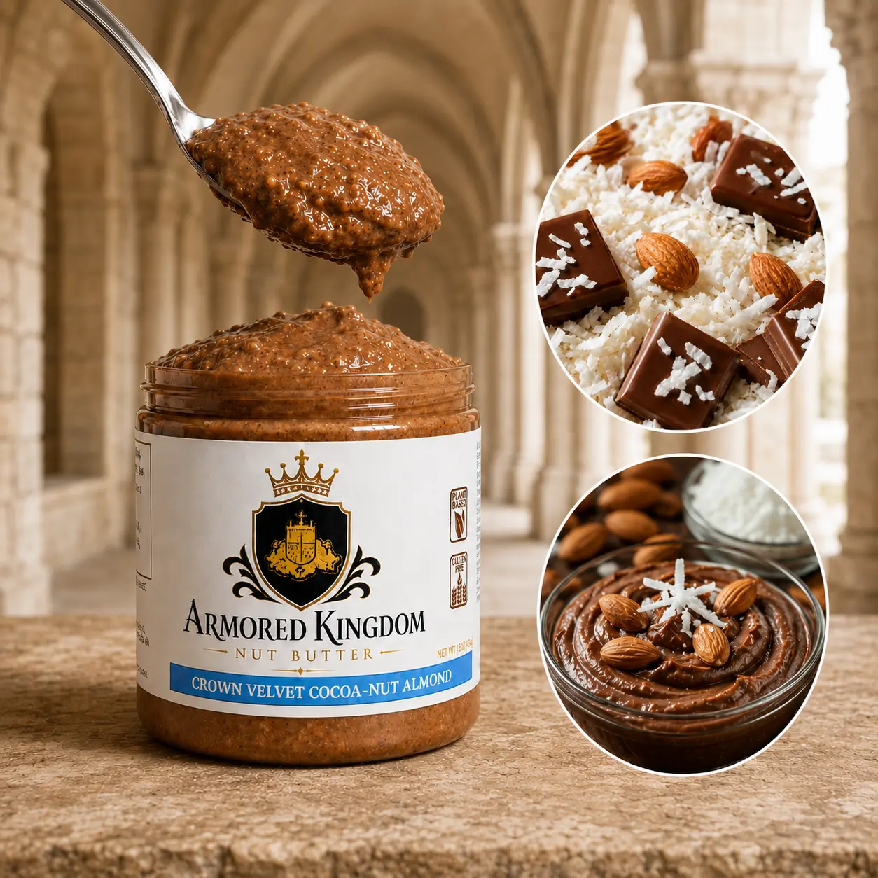 The Armored Kingdom Crown Velvet Cocoa Nut Almond Nut Butter Spread Treat-Chocolate, Almonds, Coconut