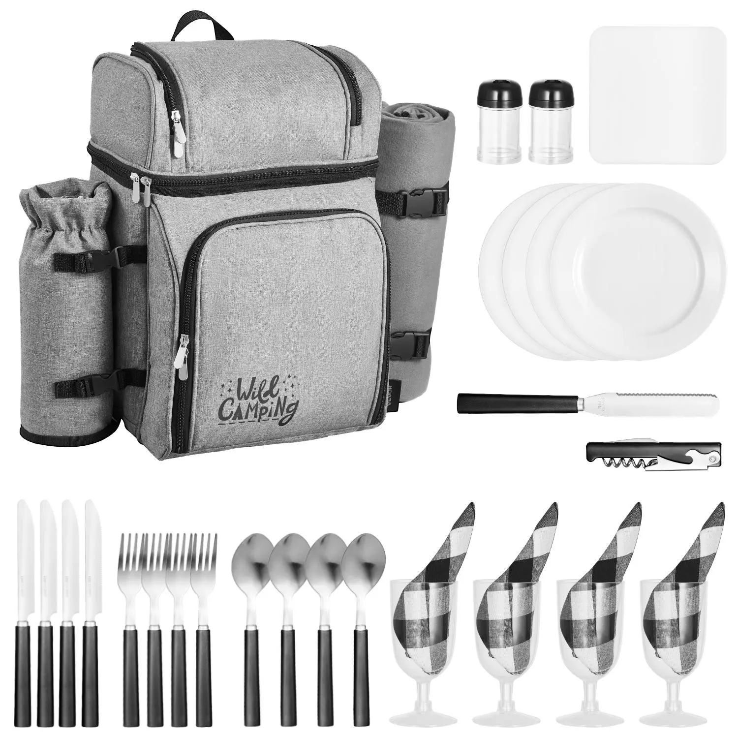 Grey Oxford Fabric Hiking Backpack with 4-Person Picnic Set, Large Insulated Cooler, and Blanket for Outdoor Meals, Picnic Basket, Padded Straps, All In One Pack
