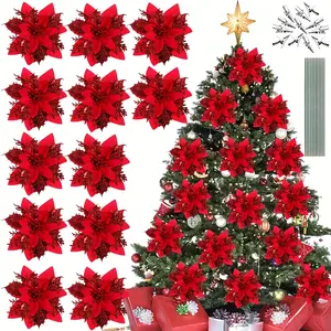 36pcs Set of Shiny And Glossy Artificial Poinsettia Christmas Flower Decorations with Clips And Stems, Suitable for Christmas Trees And Wreaths, Suitable for Home, Weddings, Holidays And Parties, a Great Choice for Christmas Decorations!