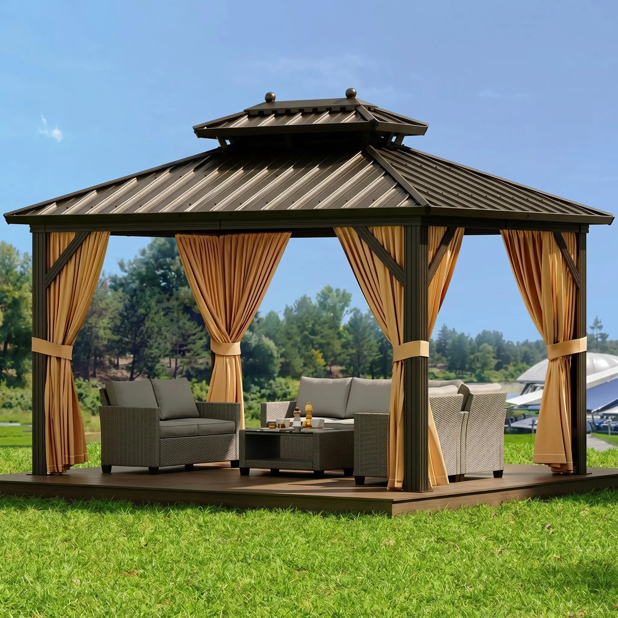 10' x 10' Hardtop Aluminum Gazebo, Permanent Double-Roof Polycarbonate Outdoor Pavilion with Privacy Curtains & Mosquito Netting, All-Weather Heavy-Duty Shelter for Patio, Hot Tub