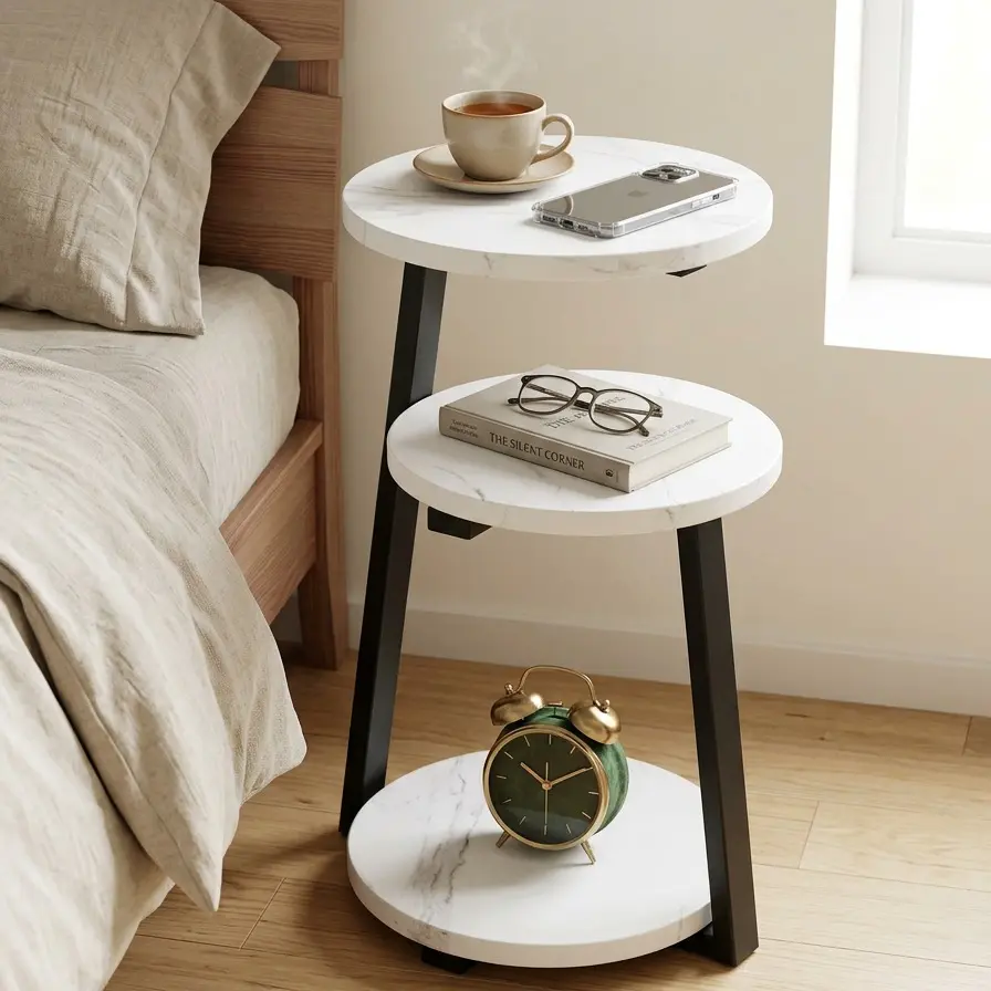 Oakault White Gold Round Indoor Side Table - 3-Tier Modern Night Stand with Sturdy Metal Base, Nightstand Bedside for Bedroom, Living Room Decor, Modern Night Stands