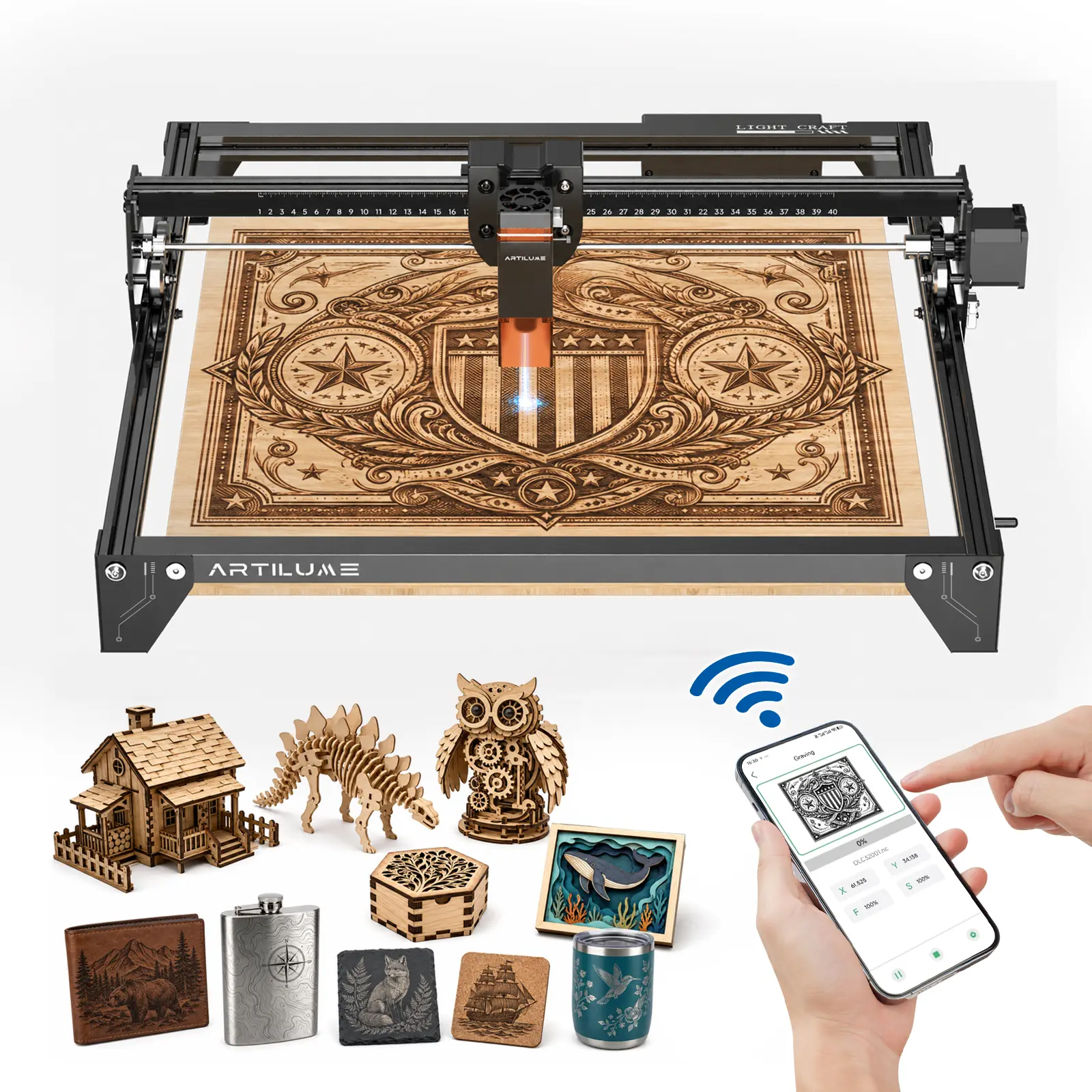 ARTILUME A4 7W/12W Laser Engraver & Cutter with APP Control for Small Business, DIY Crafts & Personalized Gifts, 400×400mm Large Work Area, Engraves Wood, Leather, Acrylic & Metal, LightBurn Compatible, Diy Creators, Precision, Large Workarea, Wood/Me