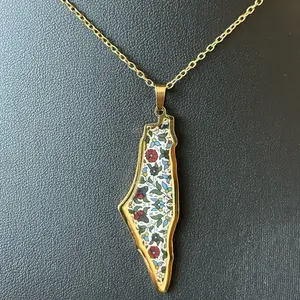 Palestine Map Necklace with Hebron Floral Pattern | Gold Tone Palestine Pendant | Floral Palestinian Map Necklace | Palestine Jewelry Gift for Her for Palestinian weddings and events