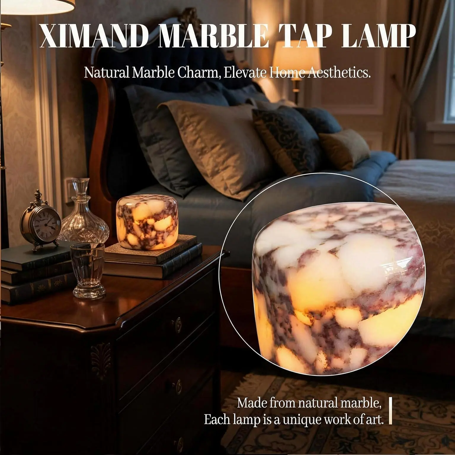 Natural Marble Cordless LED Night Light - Touch Control, 3-Way Dimmable, Rechargeable USB-C Table Lamp, Adjustable Touch Lighting, Decorative Lights, Modern/Natural/Bedside Specialty & Decorative Lighting, Bedroom Desk Home Decor Gift