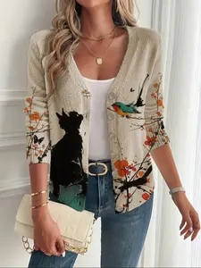 Women's V Neck Patchwork Slim Fit Cardigan, Cartoon Cat Floral Print Long Sleeve Knit Sweater, Casual Elegant Chic Commuter Wear, Fall Winter Fashion Knitwear