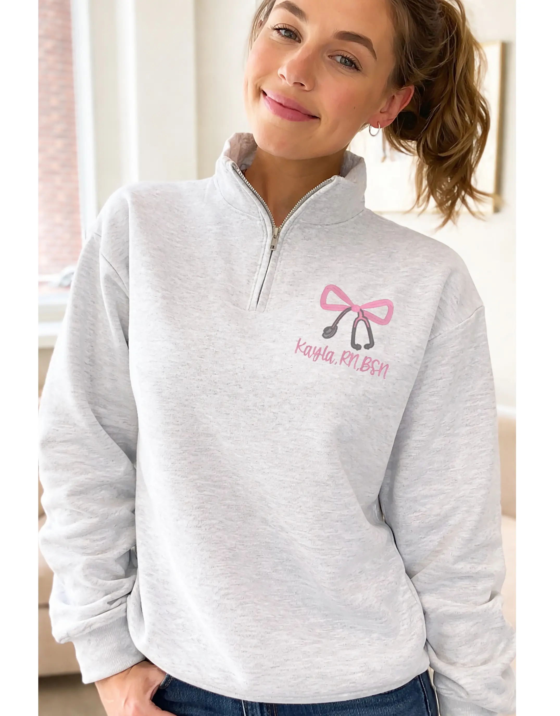 Embroidered Nurse Bow Quarter Zip Sweatshirt, Nurse Quarter Zip Sweater, Coquette Nurse Embroidered Shirt, Nurse Coquette Quarter Zip Sweatshirt