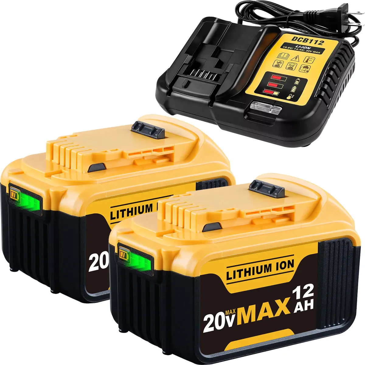 2-Pack 12000mAh Lithium Ion Replacement Batteries & DCB112 Power Tools Charger Combo for Dewalt 20V MAX Tools, Compatible with DCB200, DCB205, DCB206 Series, High Capacity with Advanced Safety Features, Cordless Drill Battery