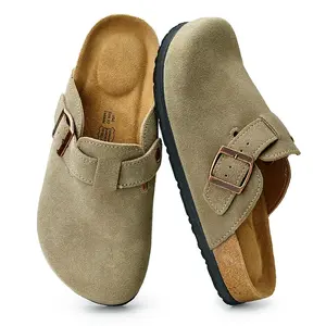 Trary Clogs Men Genuine Leather Round Toe Cork Footbed Potato Shoes with Arch Support Adjustable Buckle Clogs Non-Slip Slippers Retro Fashion Walking Shoes