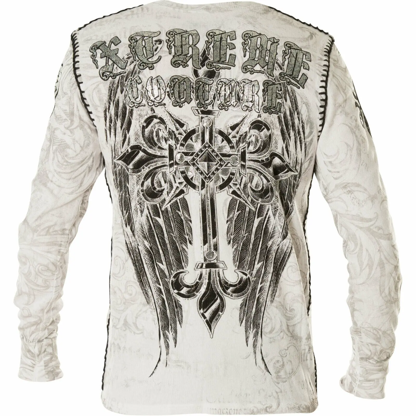 Xtreme Couture by Affliction Men's Herculeus Thermal Tshirt - 100% Cotton Long-Sleeve Biker MMA Gothic Tops with Silver Foil