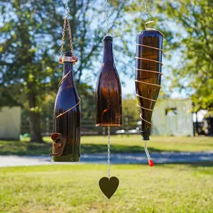 Bird Feeder Hummingbird Wind Chime Set Made from Amber Wine Bottles with Copper Trim Great Patio Garden or Home Decor
