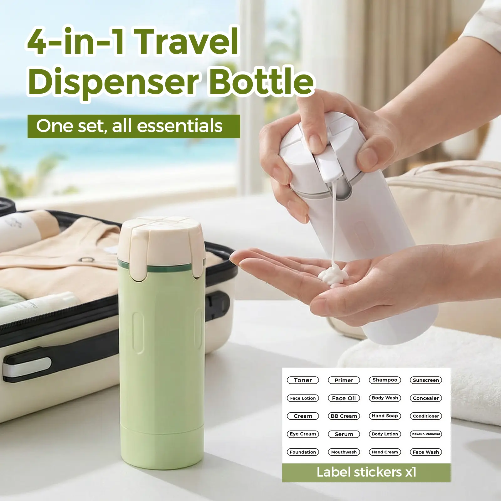Great Value 4-in-1 Travel Container Bottle, TSA Approved Leakproof Toiletry Dispenser, Portable Carry-On Travel Essentials for Frequent Travelers