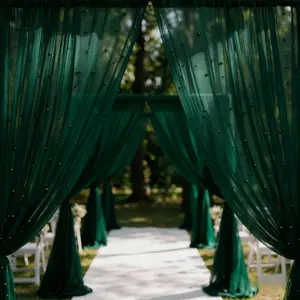 4-piece set, 161*302cm dark green tulle with pearl-embellished rods and eyelets at the top. Suitable for wedding ceremony arches/dessert table decorations, indoor and outdoor holiday party tables/stage backdrops, and door curtain decorations.