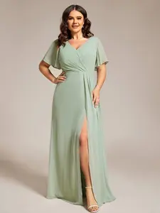 Ever-Pretty 【Plus Size】 Curvy Fall Dresses High Slit V-Neck Empire Waist Chiffon Bridesmaid Dress S0050 Chic Women's Garment Ruffle Pleated Short Sleeve Zipper Closure Floor Length ，wedding dress ，