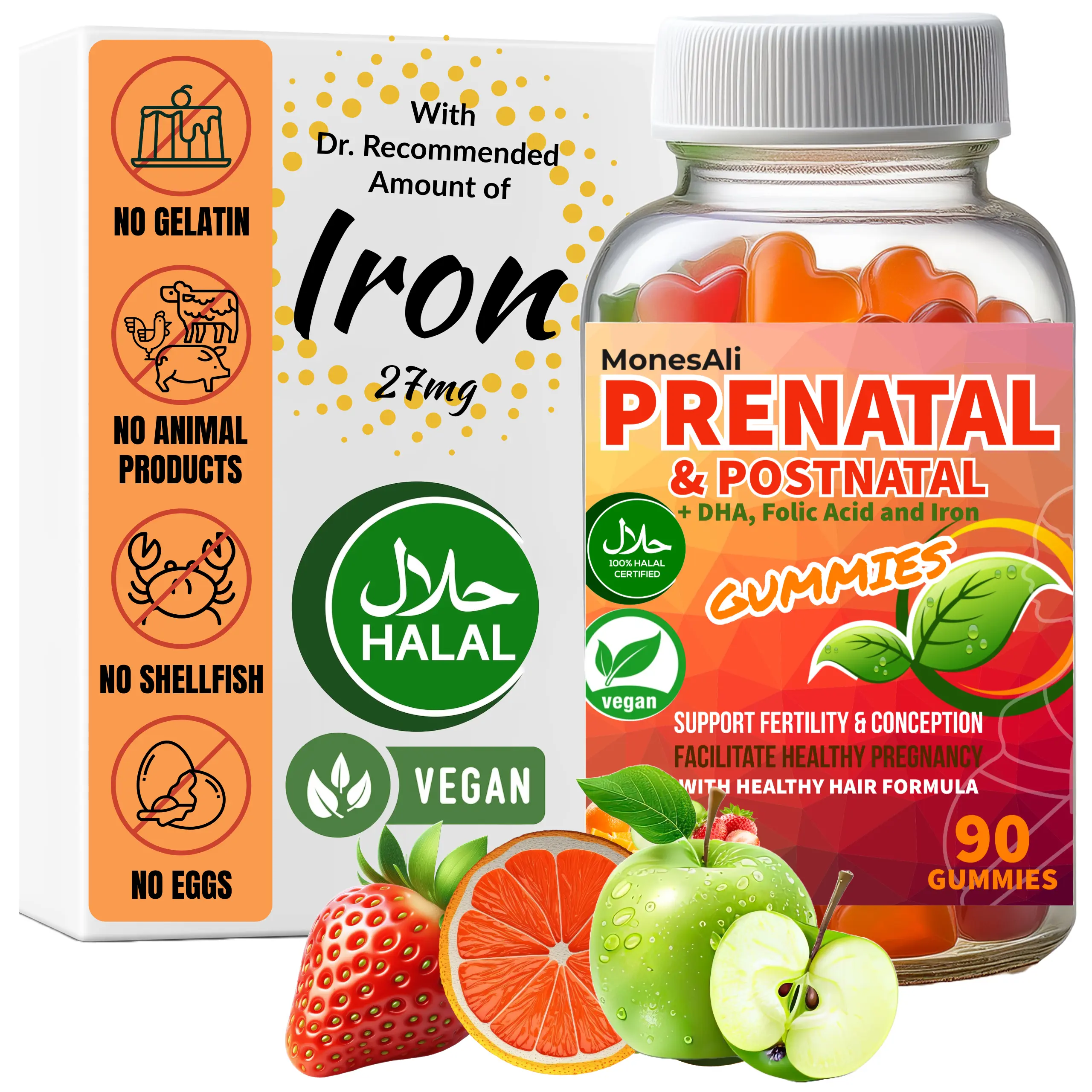 Prenatal and Postnatal Vitamin Gummies for Women, Halal Vegan Supplements with Iron, Folic Acid